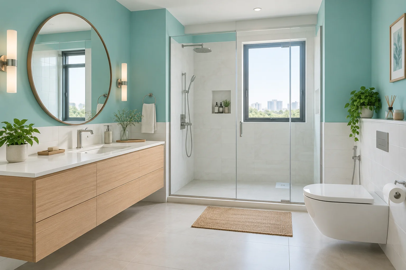 Aqua, white & pale oak