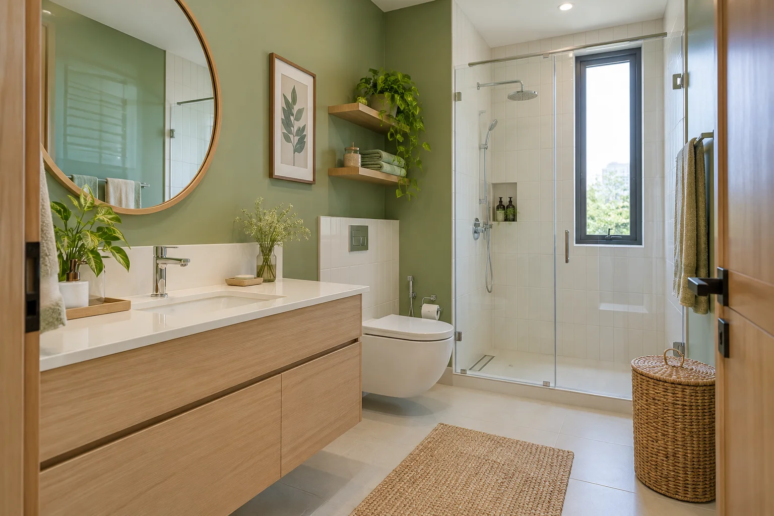 Sage green, white & light oak