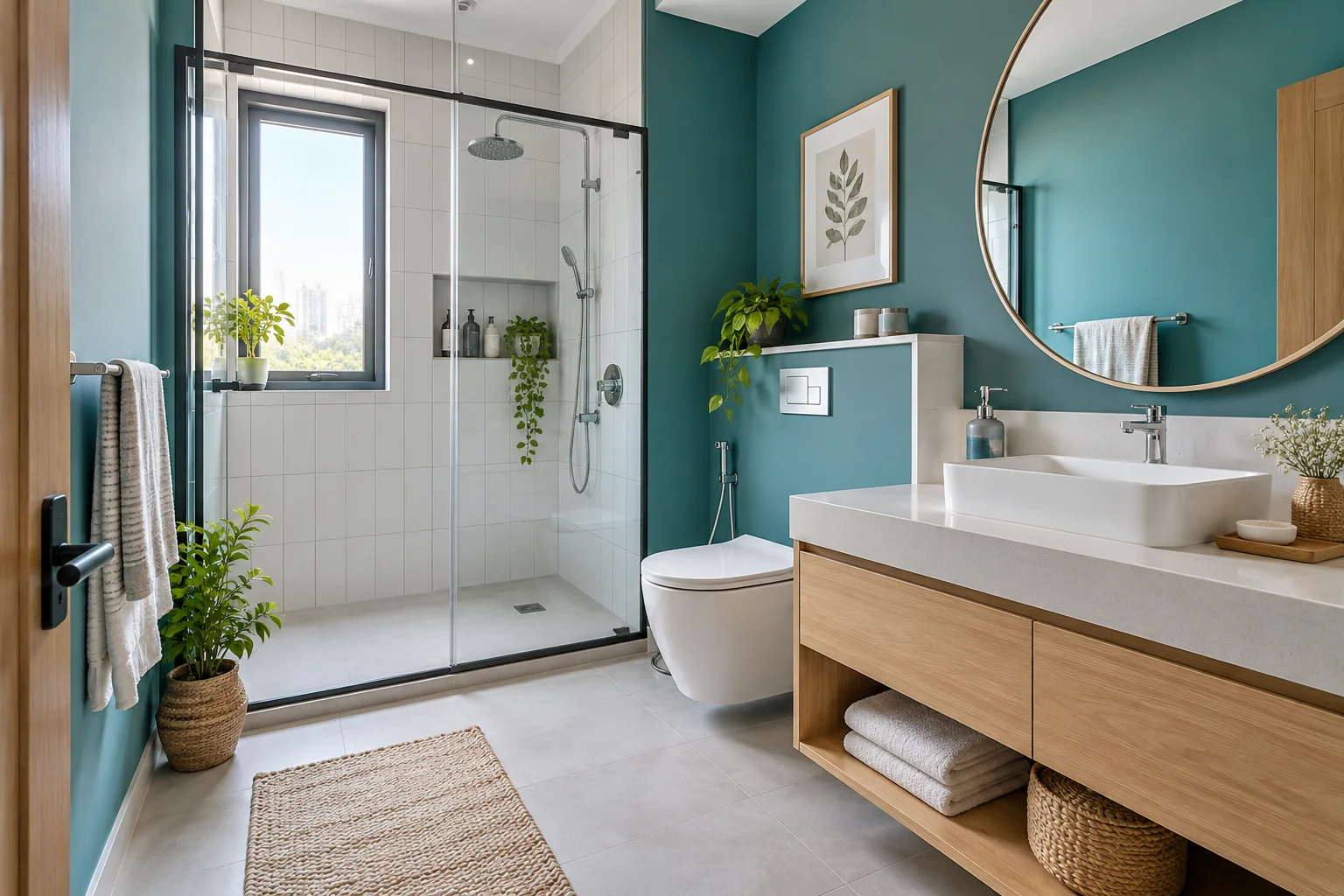 Teal, white & light wood